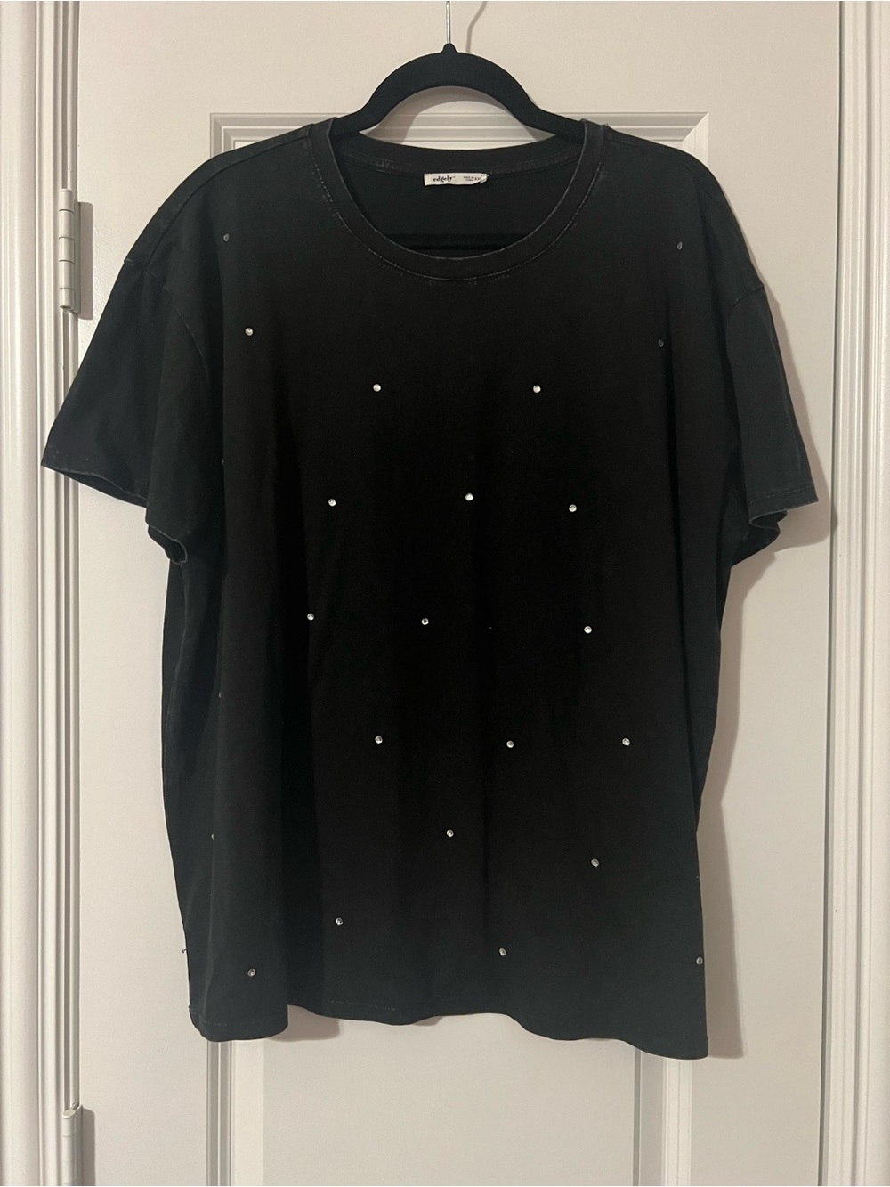 Black Mineral Washed Short-Sleeve Tee with Rhinestone Details